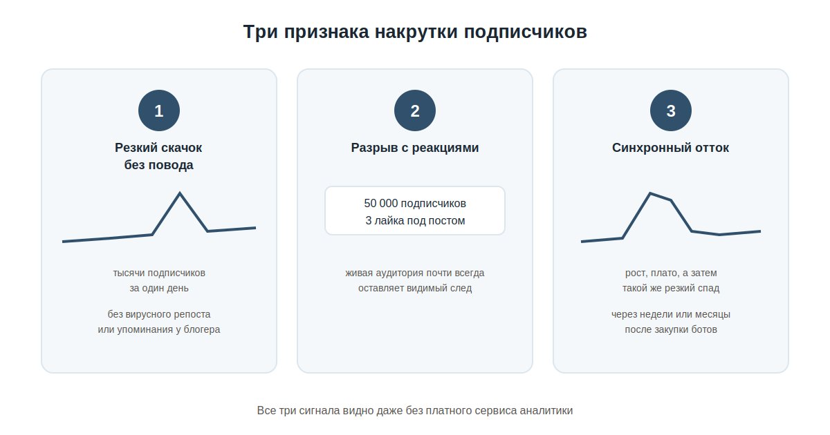 Три признака накрутки подписчиков телеграм-канала: скачок роста, разрыв с реакциями, синхронный отток