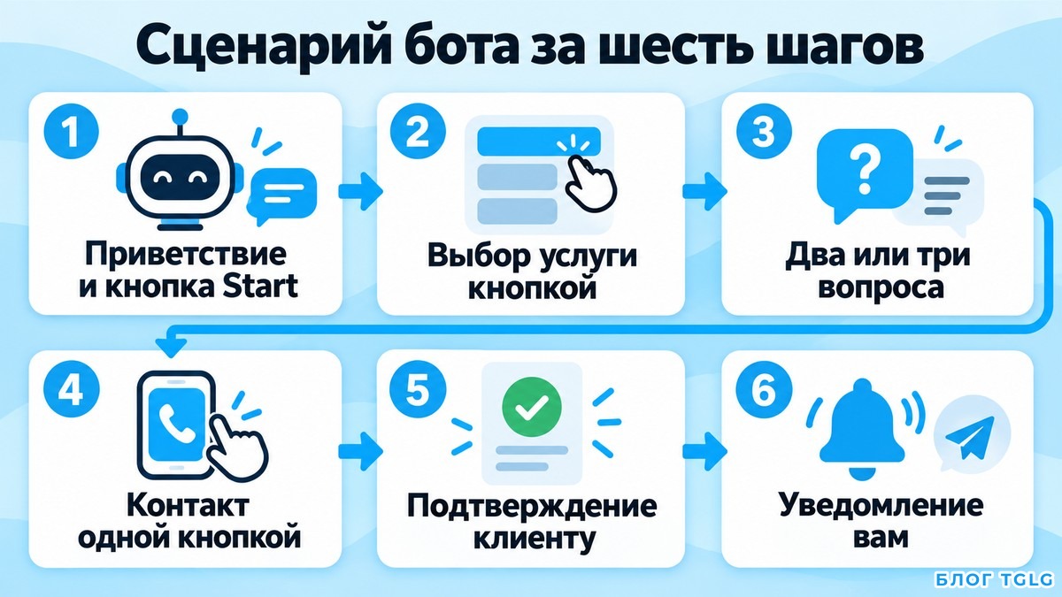 Схема сценария бота приема заявок из шести шагов диалога