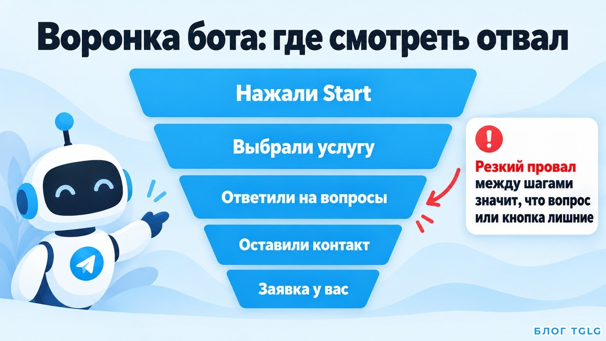 Воронка бота по шагам от нажатия Start до готовой заявки