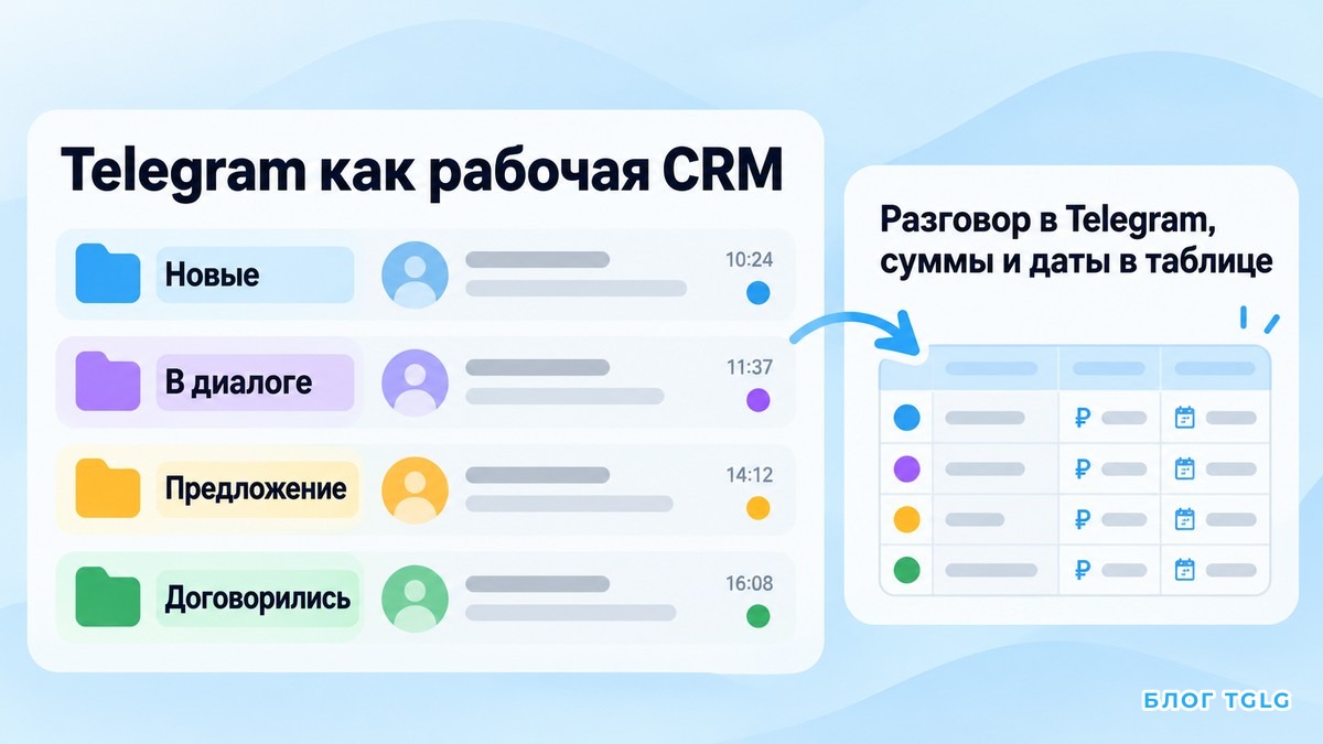 Список чатов Telegram с цветными ярлыками и папками как статусами клиентов