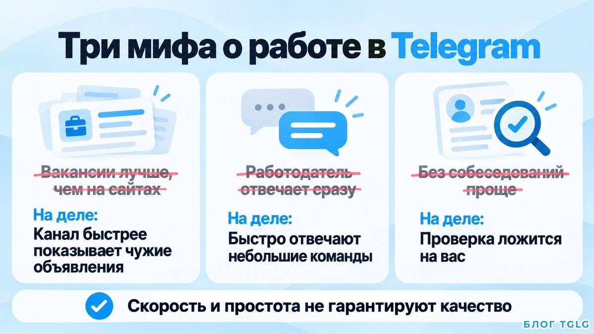 Схема трех мифов о работе в Telegram и того, как они выглядят на деле