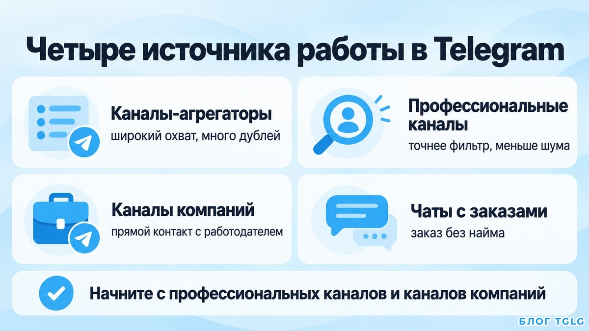Схема четырех типов источников работы в Telegram и их сильных сторон