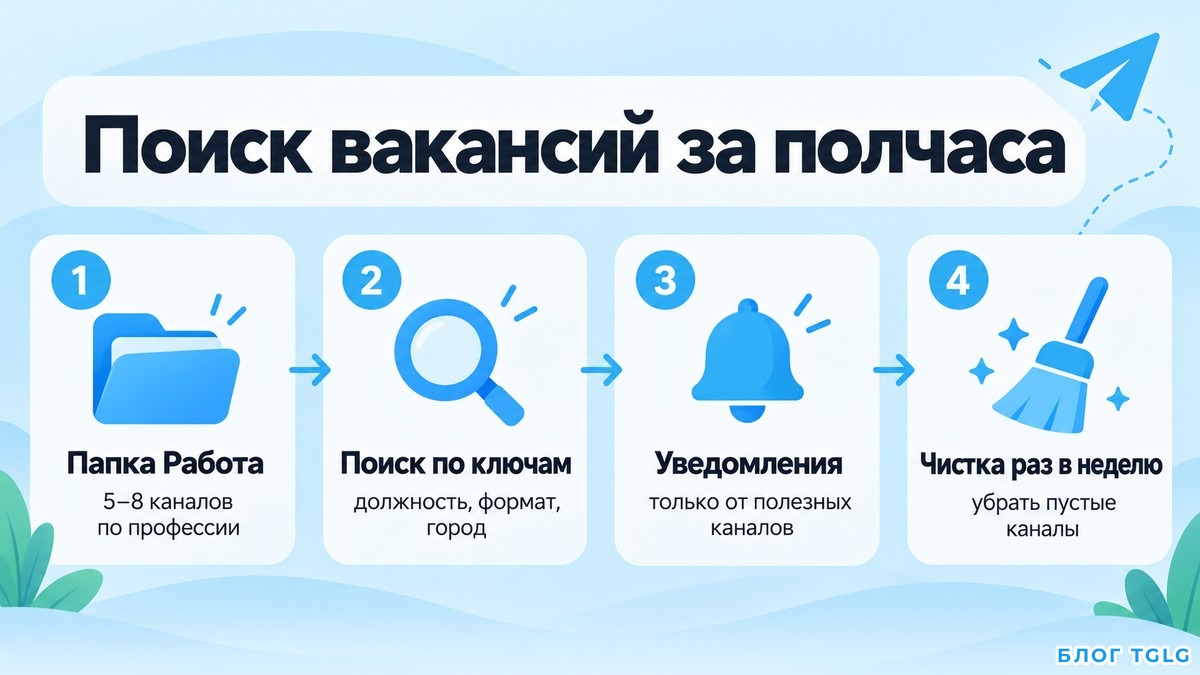 Схема настройки поиска вакансий в Telegram: папка, ключевые слова, уведомления