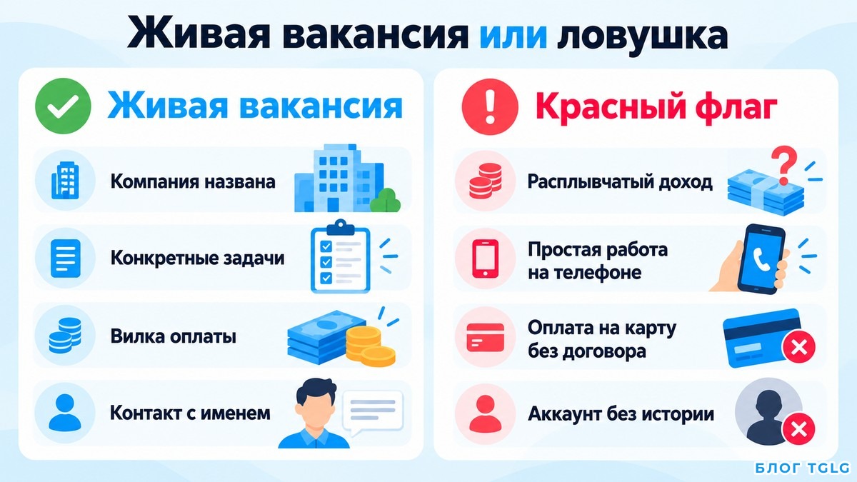 Схема признаков нормальной вакансии и красных флагов в посте