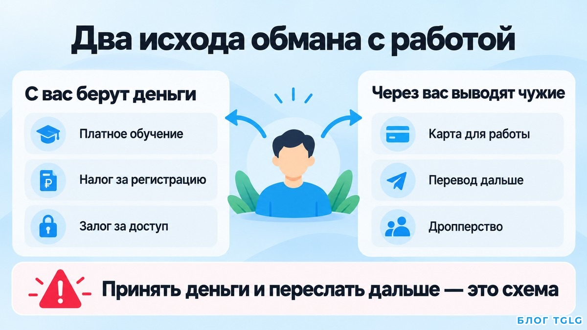Схема двух исходов обмана с работой: потеря денег и вывод чужих денег