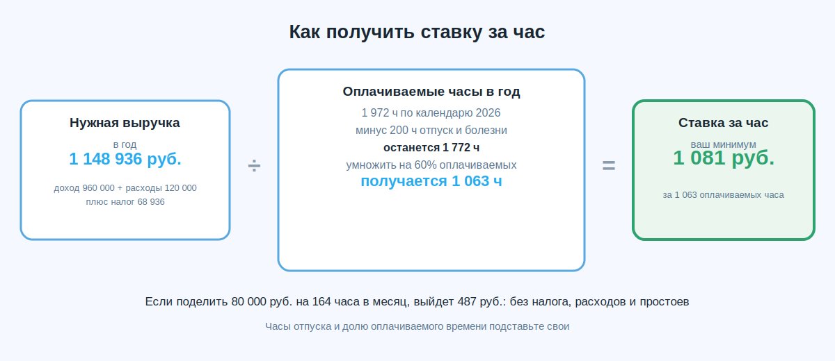 Формула ставки за час: выручка за год делится на оплачиваемые часы
