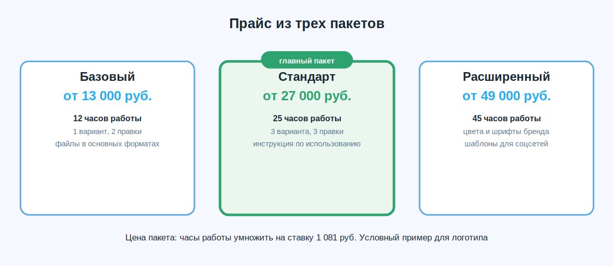 Прайс из трех пакетов услуги: базовый, стандарт и расширенный