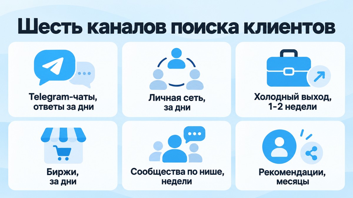 Схема шести каналов поиска клиентов таргетологом со сроками первых ответов