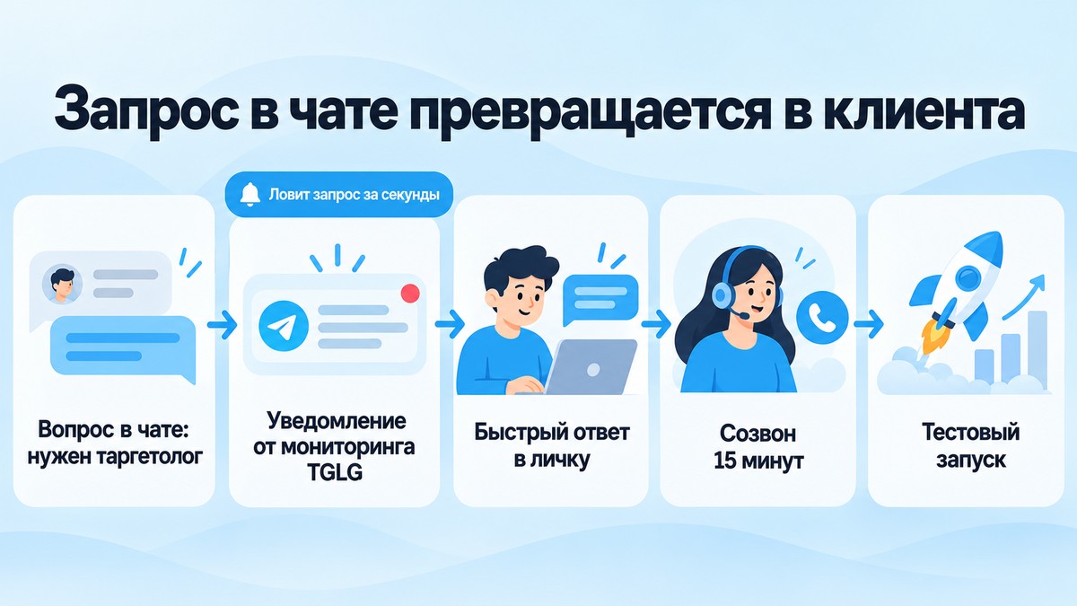 Схема пути от запроса в Telegram-чате до тестового запуска рекламы