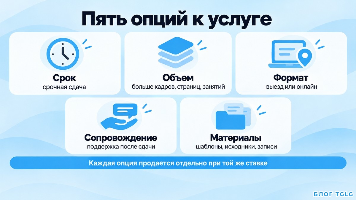 Схема пяти опций к услуге: срок, объем, формат, сопровождение и материалы при прежней ставке