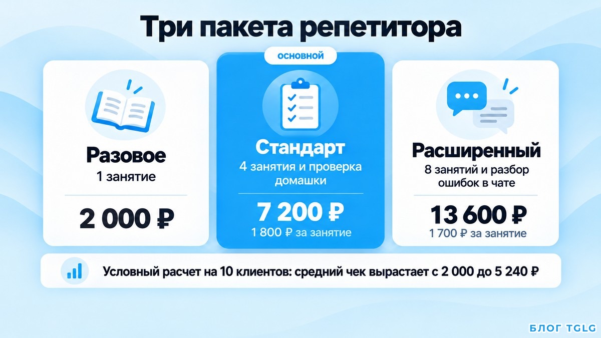 Схема трех пакетов репетитора с ценой за занятие и средним чеком до и после