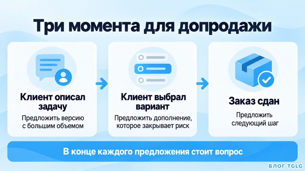 Схема трех моментов допродажи: до цены, после выбора, после сдачи заказа