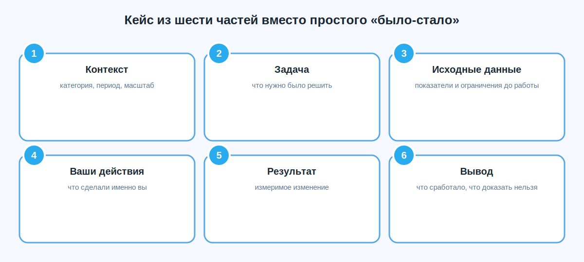 Структура убедительного кейса дизайнера карточек: контекст, задача, исходные данные, действия, результат, вывод