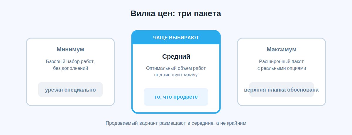 Вилка цен в коммерческом предложении: три пакета услуг, средний вариант выбирают чаще