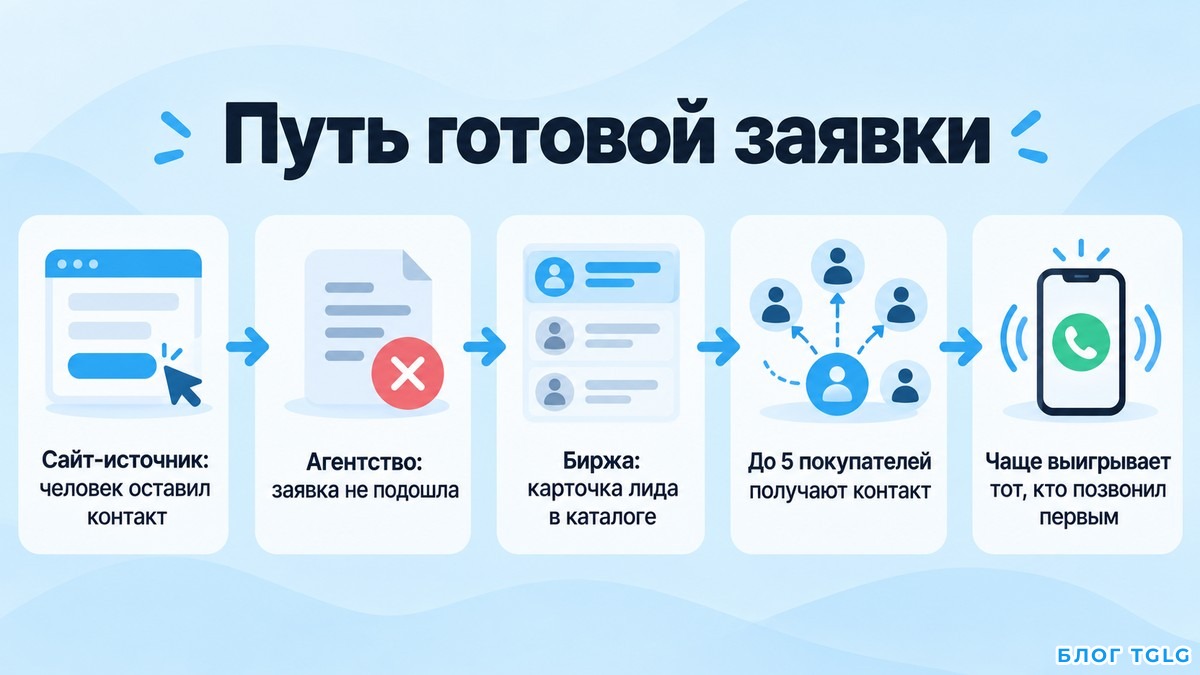 Схема пути готовой заявки от сайта-источника до покупателя через биржу лидов