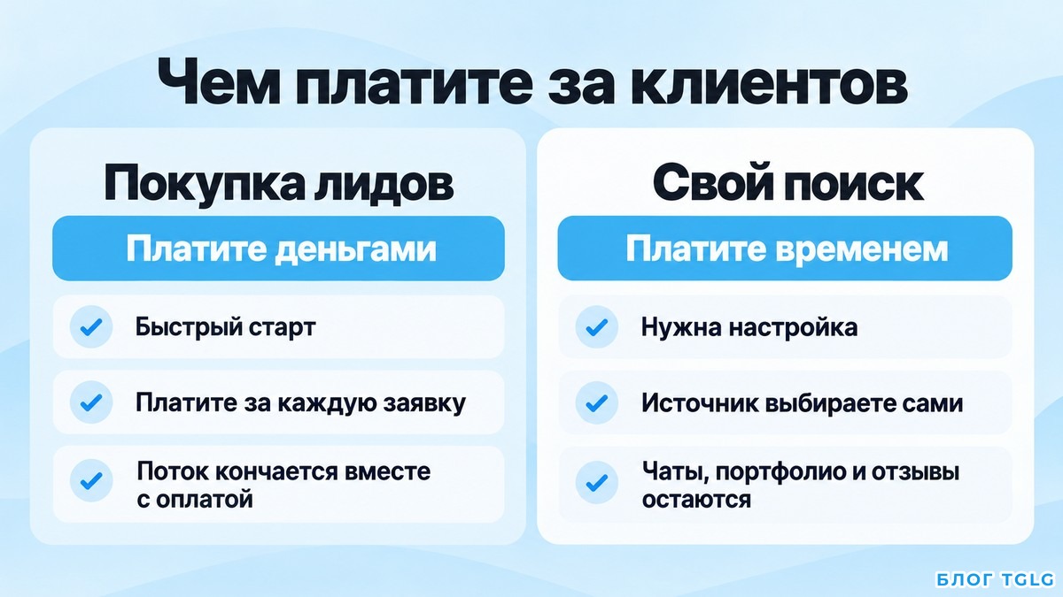 Схема сравнения покупки лидов за деньги и самостоятельного поиска за время