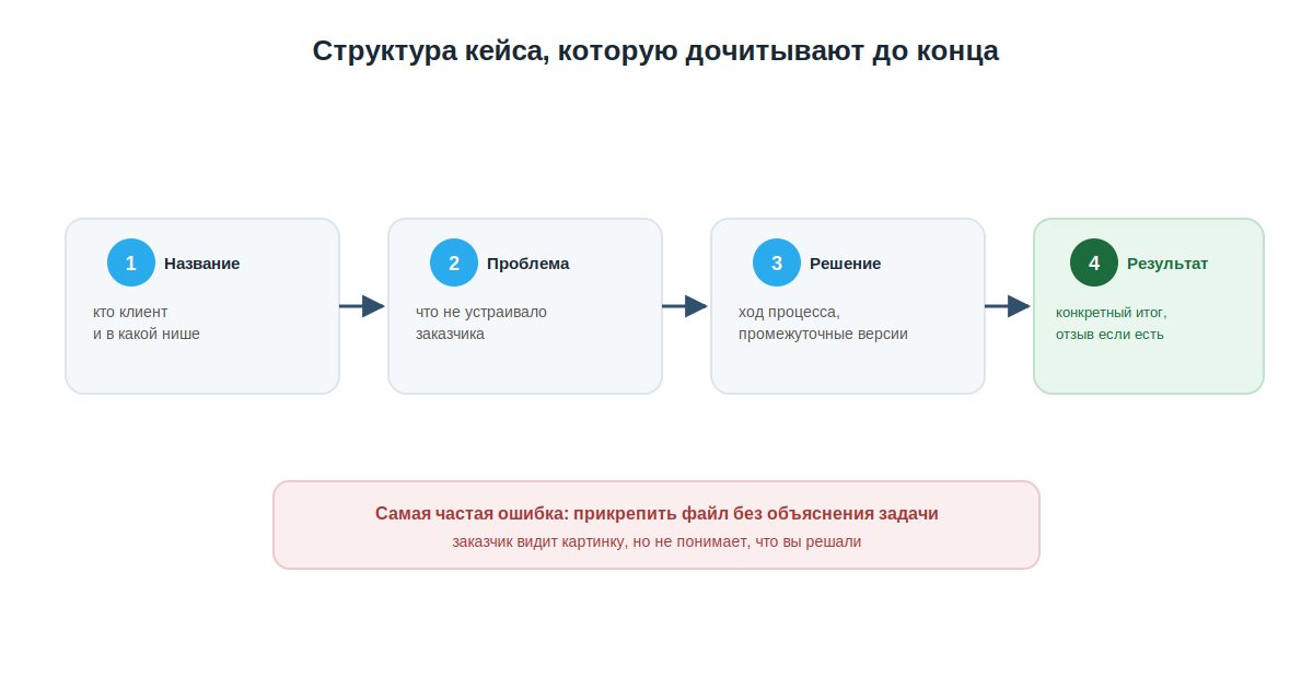 Структура сильного кейса в портфолио: название, проблема, решение, результат