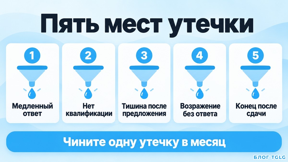 Схема пяти мест, где в воронке услуг теряются клиенты