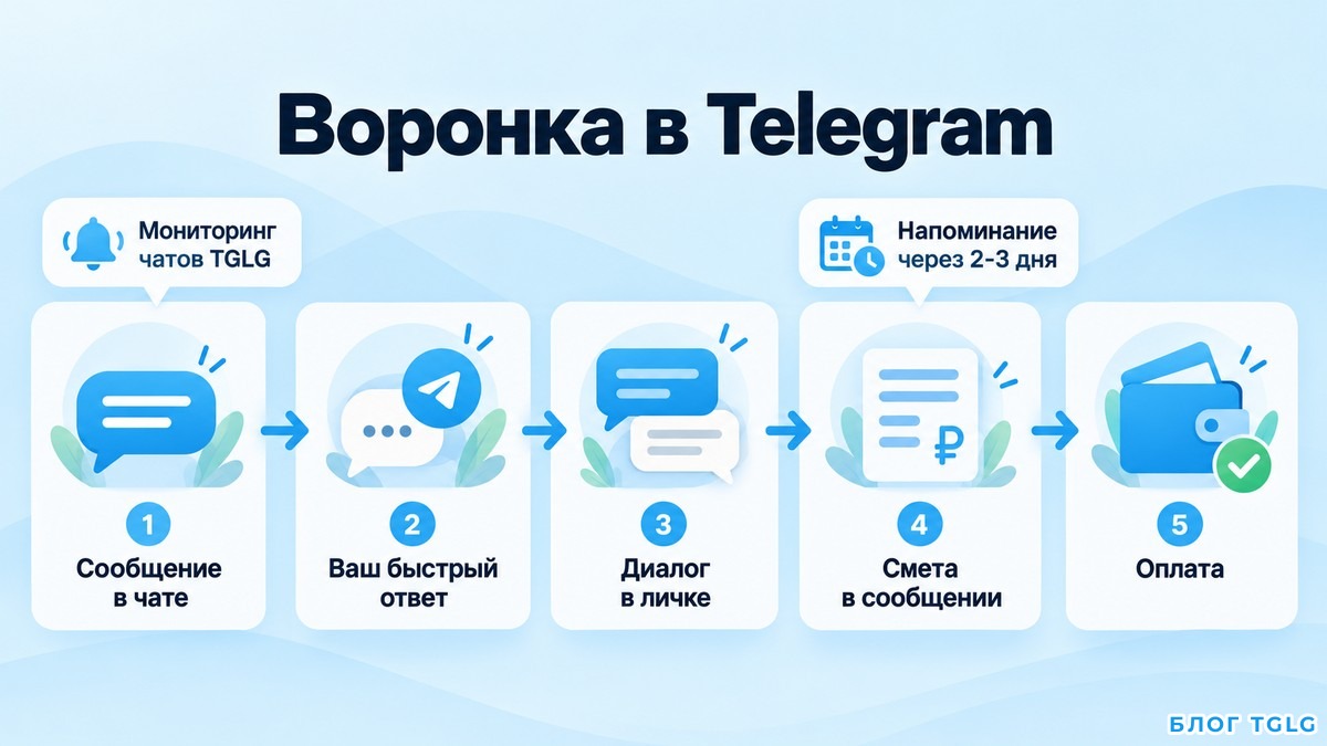 Схема воронки продаж услуг в Telegram от сообщения в чате до оплаты
