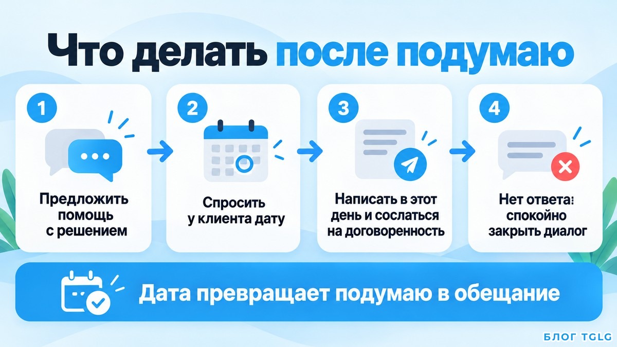 Схема шагов ответа на подумаю от вопроса до повторного сообщения в назначенный день