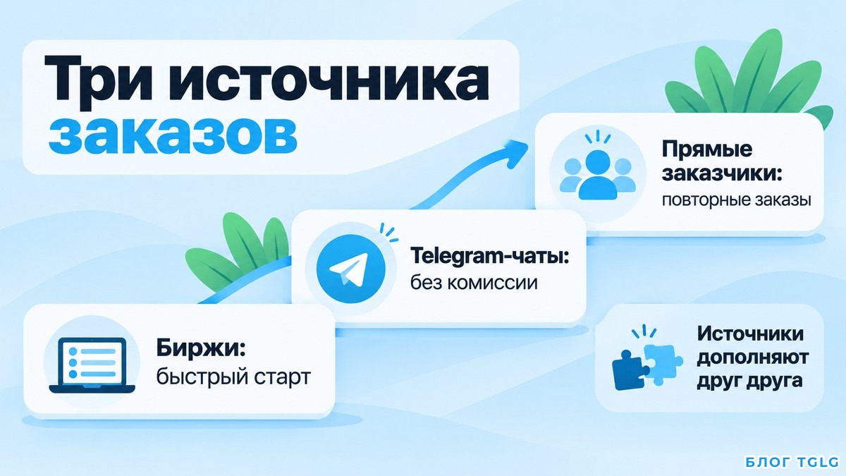 Лестница из трех источников заказов разработчика: биржи, Telegram-чаты, прямые заказчики