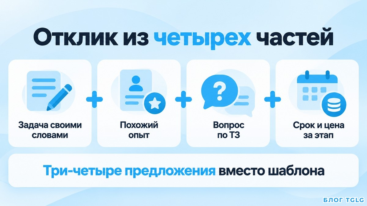 Схема отклика на заказ из четырех частей: задача, опыт, вопрос, срок и цена