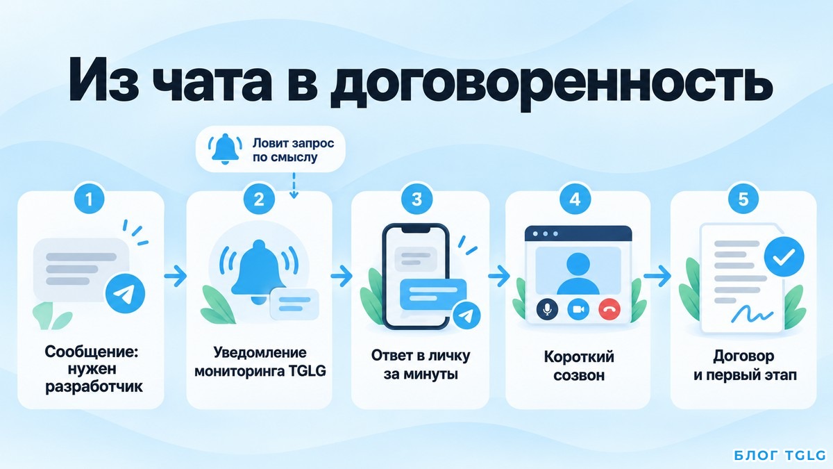 Схема пути от сообщения в Telegram-чате до договоренности и первого этапа