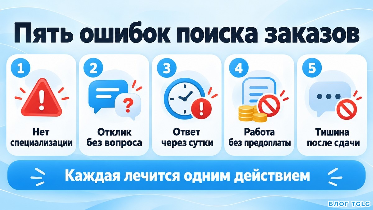 Пять ошибок разработчика при поиске заказов: профиль, отклик, скорость, предоплата, молчание
