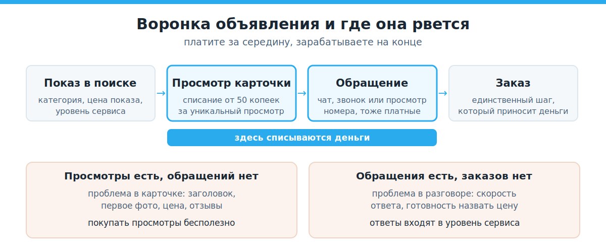 Воронка объявления на Авито от показа до заказа с точками списания денег